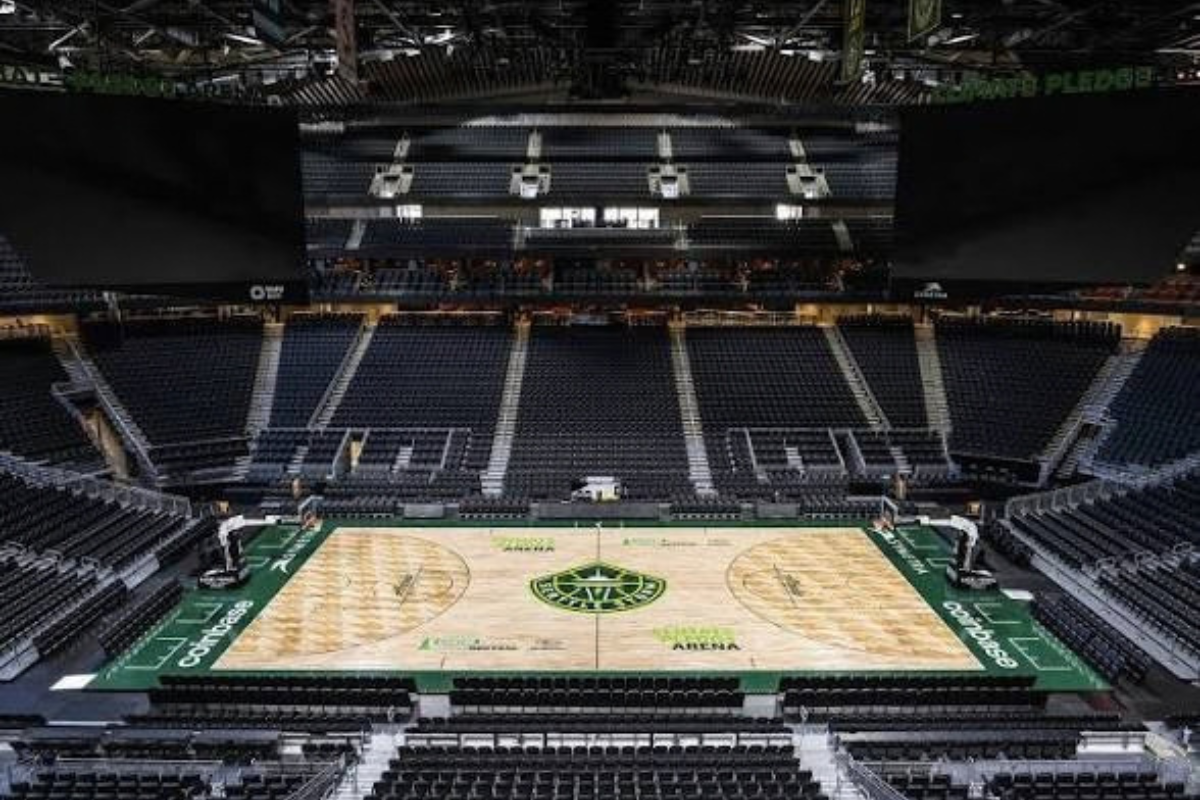 Empty Seattle Storm basketball court inside Climate Pledge Arena, representing professional sports, venue safety, and security in Seattle.