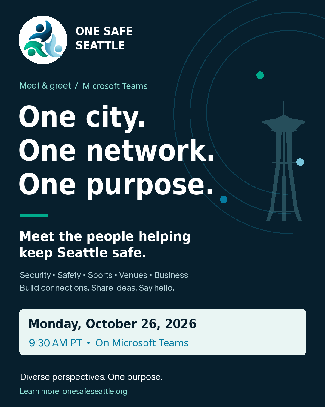 One Safe Seattle meet and greet on Microsoft Teams, Monday October 26, 2026 at 9:30 AM PT