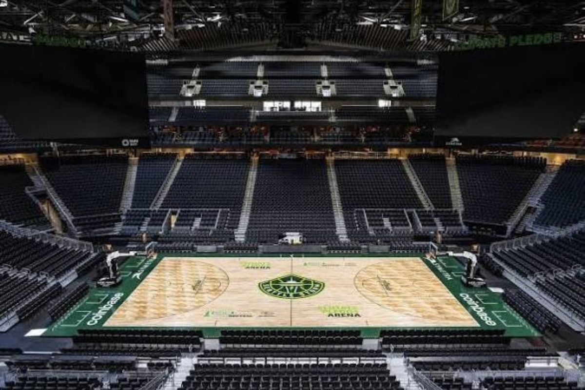 Empty Seattle Storm basketball court inside Climate Pledge Arena